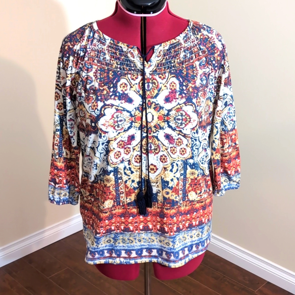 Vintage Multicolored 60s Hippie Style Bohemian Long Sleeve Blouse Drawstring